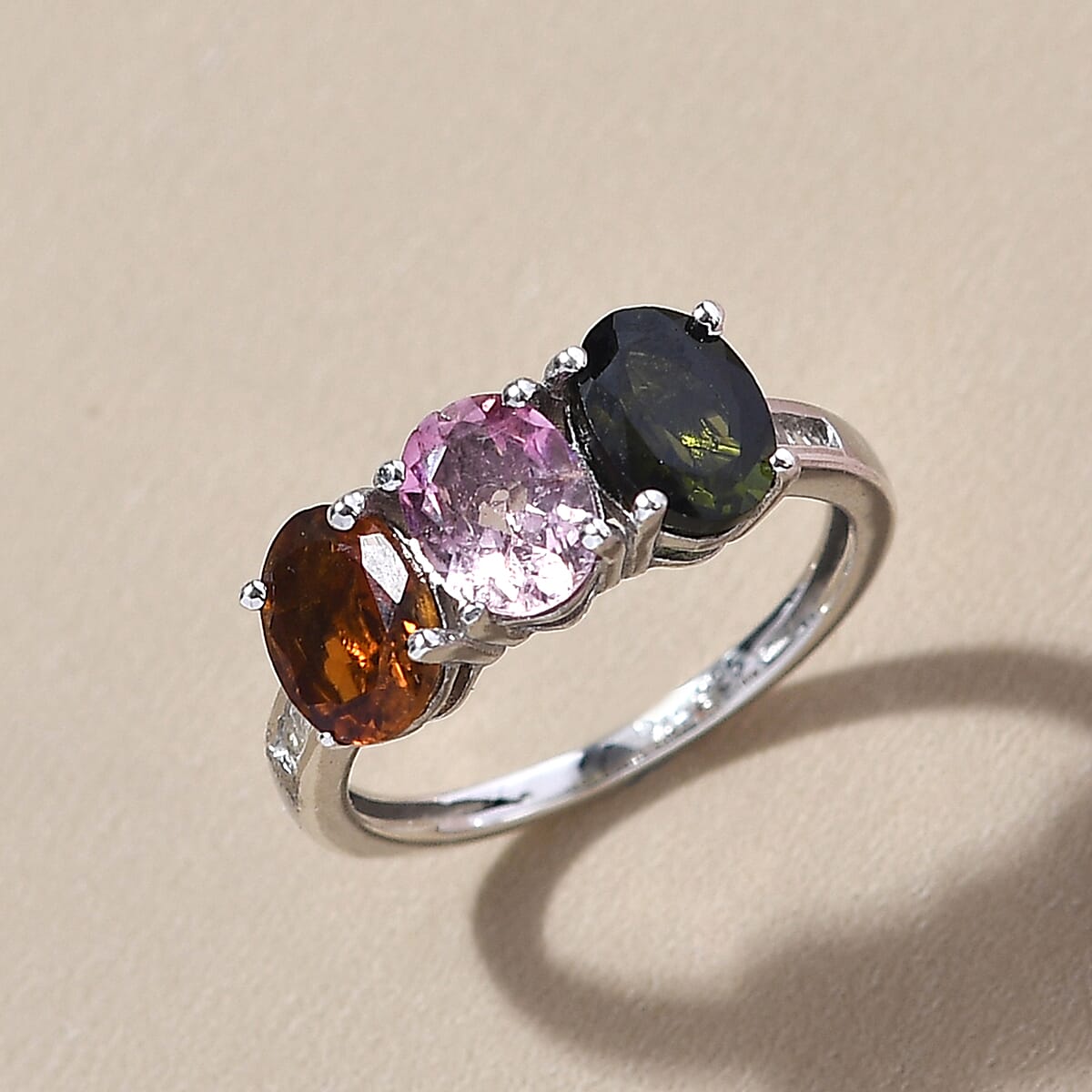 Premium Multi-Tourmaline and Diamond 3 Stone Ring in Platinum Over Sterling Silver (Size 10.0) 2.25 ctw image number 1