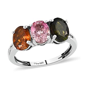 Premium Multi-Tourmaline and Diamond 3 Stone Ring in Platinum Over Sterling Silver (Size 5.0) 2.25 ctw