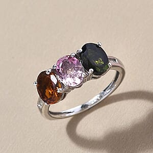 Premium Multi-Tourmaline and Diamond 3 Stone Ring in Platinum Over Sterling Silver (Size 5.0) 2.25 ctw