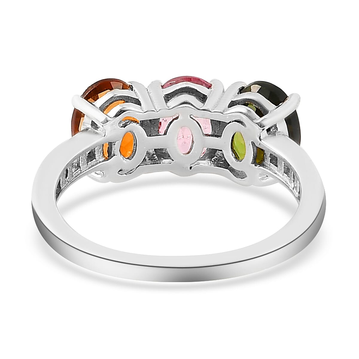 Premium Multi-Tourmaline and Diamond 3 Stone Ring in Platinum Over Sterling Silver (Size 5.0) 2.25 ctw image number 4