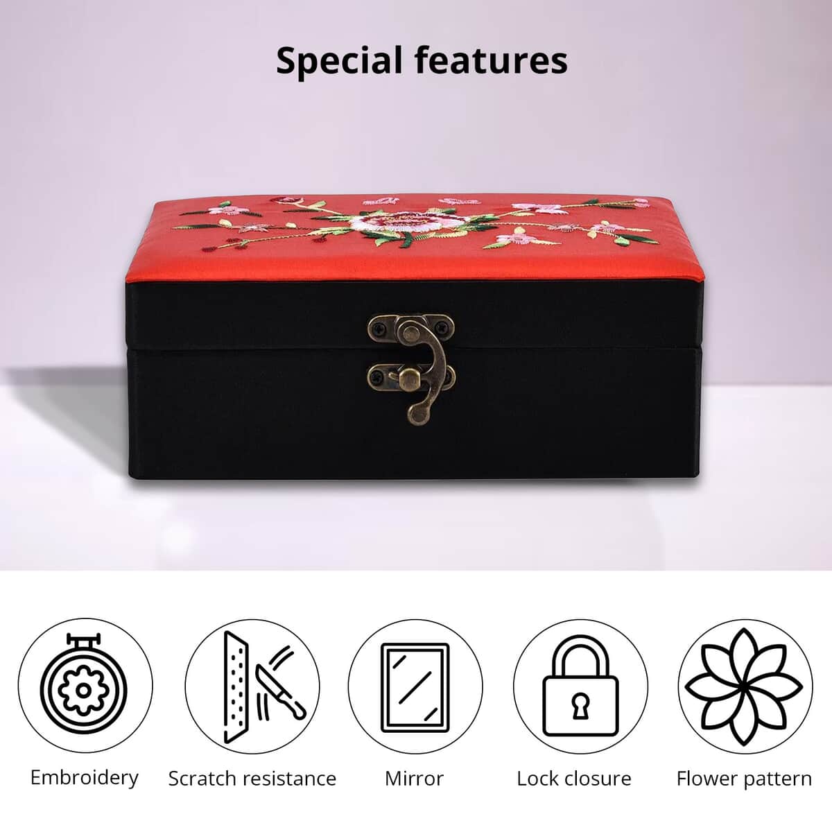 Red Flower Pattern Embroidery Satin Jewelry Box with Embroidery and Lock (6.89"x4.64"x2.56") image number 1