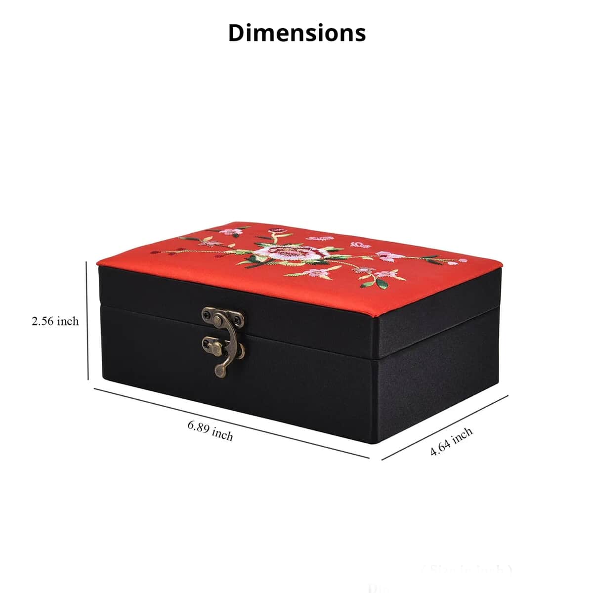 Red Flower Pattern Embroidery Satin Jewelry Box with Embroidery and Lock (6.89"x4.64"x2.56") image number 3