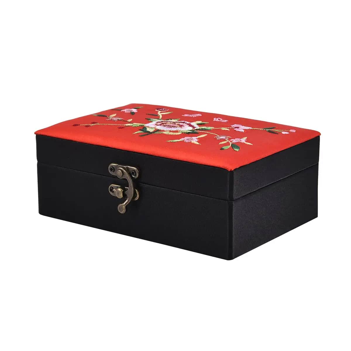 Red Flower Pattern Embroidery Satin Jewelry Box with Embroidery and Lock (6.89"x4.64"x2.56") image number 4