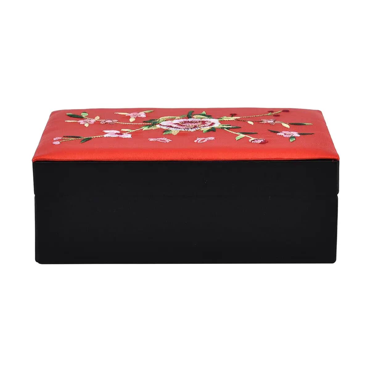 Red Flower Pattern Embroidery Satin Jewelry Box with Embroidery and Lock (6.89"x4.64"x2.56") image number 5
