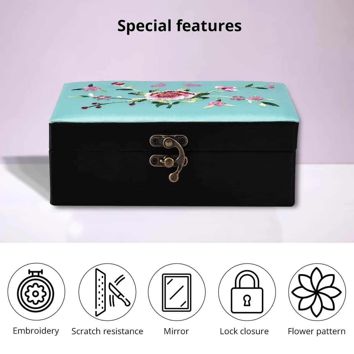 Green Flower Pattern Embroidery Satin Jewelry Box with Lock image number 1