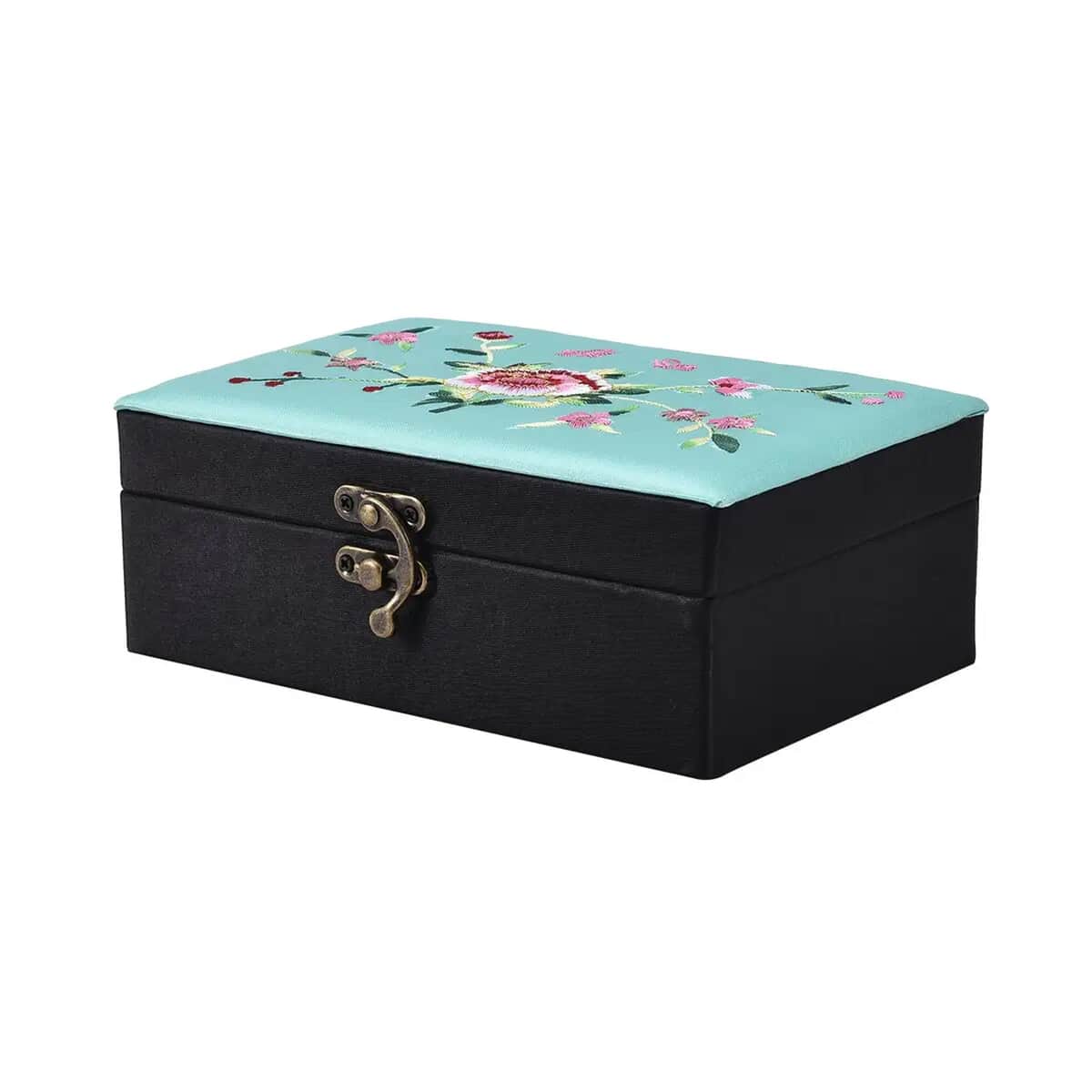 Green Flower Pattern Embroidery Satin Jewelry Box with Lock image number 4
