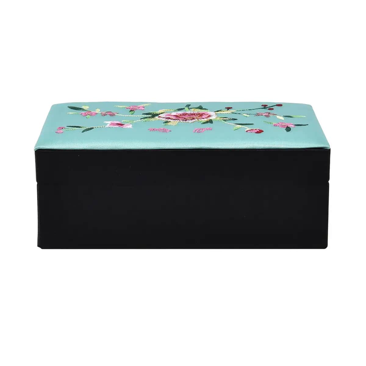 Green Flower Pattern Embroidery Satin Jewelry Box with Lock image number 5