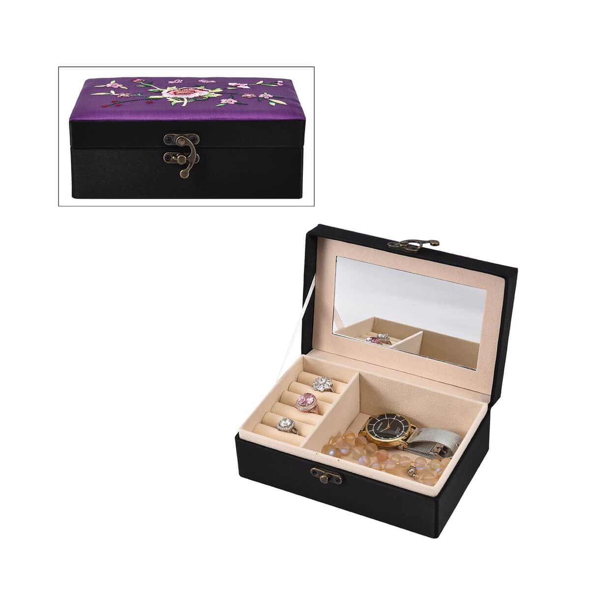 Purple Flower Pattern Embroidery Satin Jewelry Box with Lock image number 0