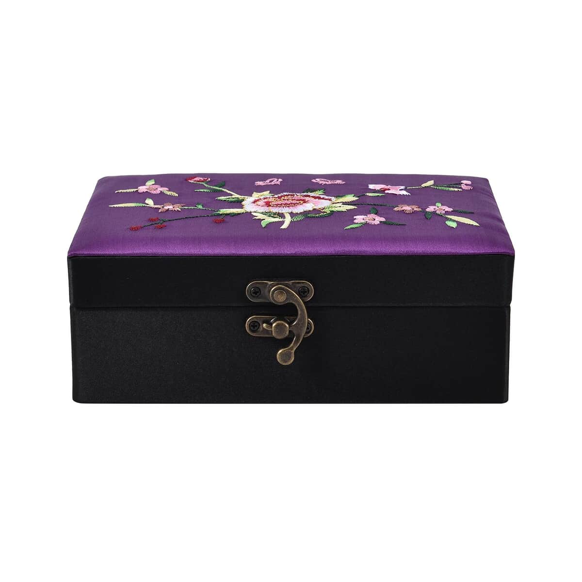 Purple Flower Pattern Embroidery Satin Jewelry Box with Lock image number 1