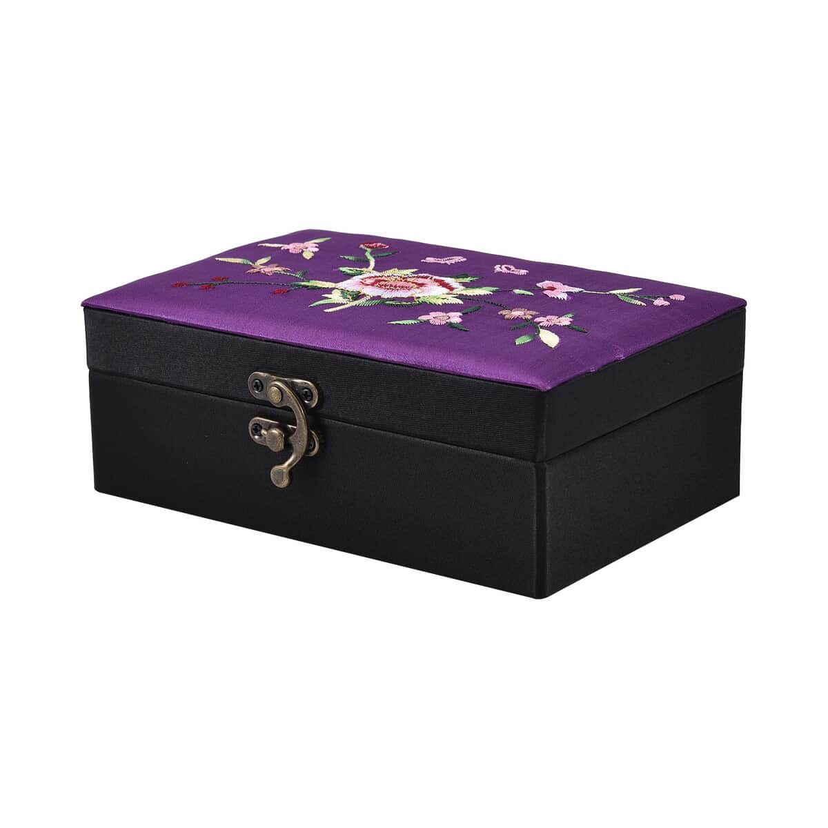 Purple Flower Pattern Embroidery Satin Jewelry Box with Lock image number 2