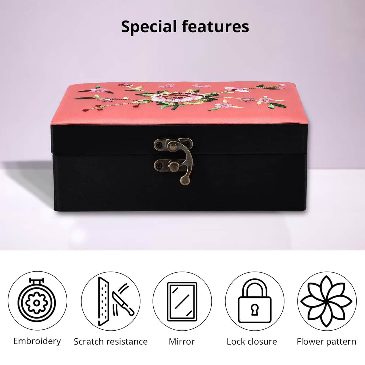 Orange Flower Pattern Embroidery Satin Jewelry Box with Lock image number 1