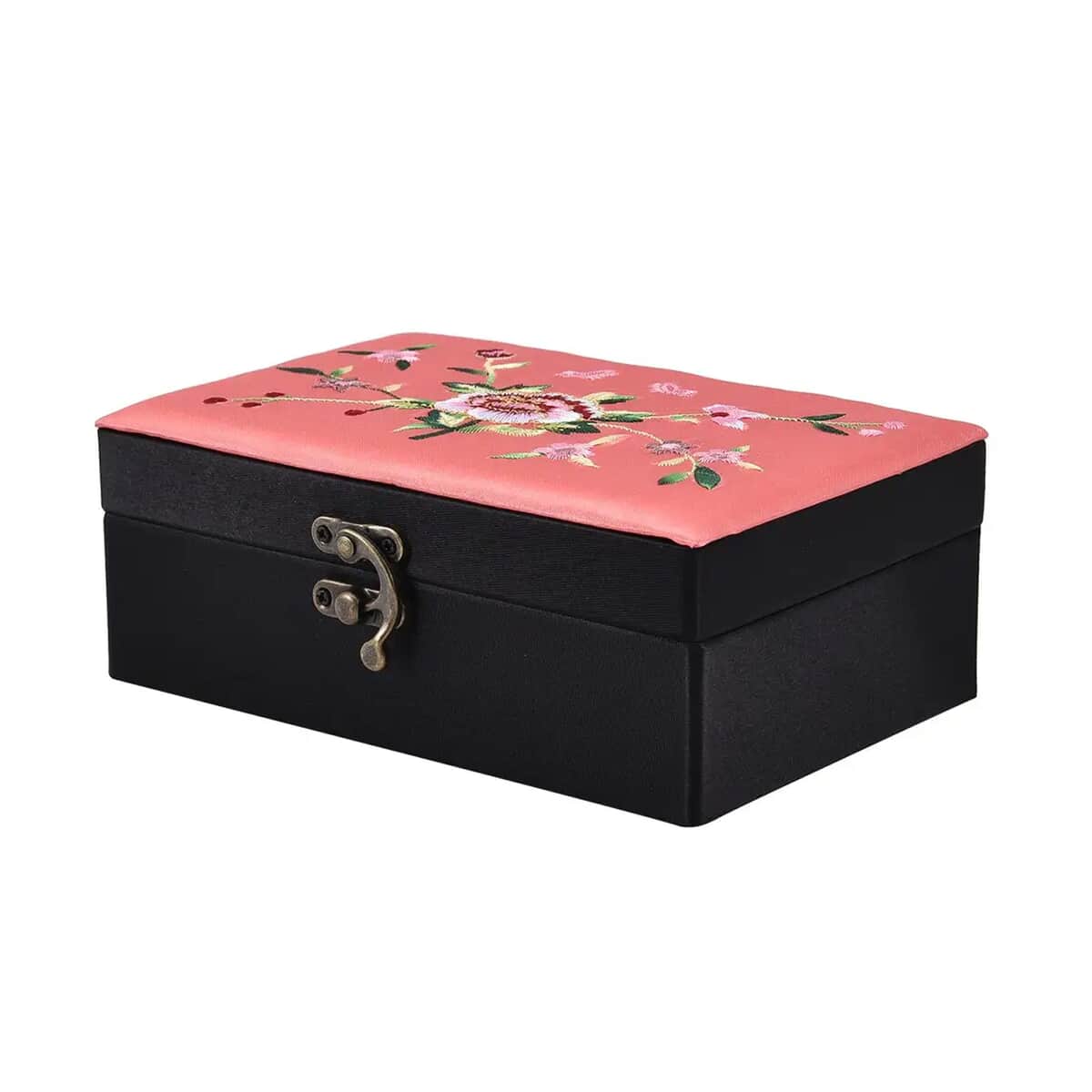 Orange Flower Pattern Embroidery Satin Jewelry Box with Lock image number 4