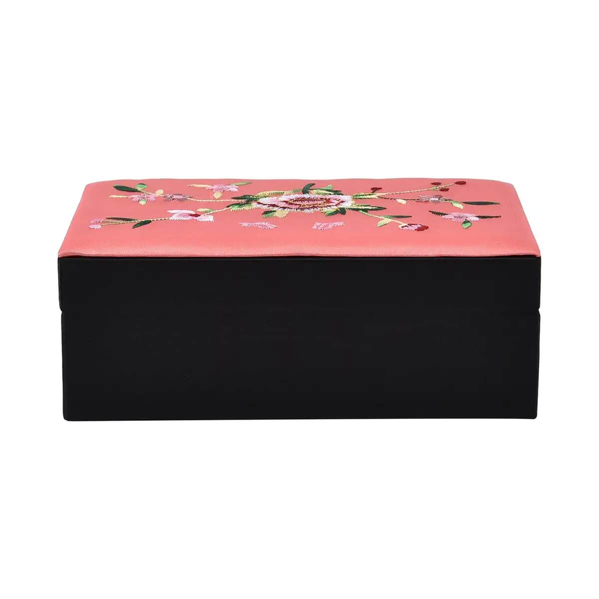 Orange Flower Pattern Embroidery Satin Jewelry Box with Lock image number 5
