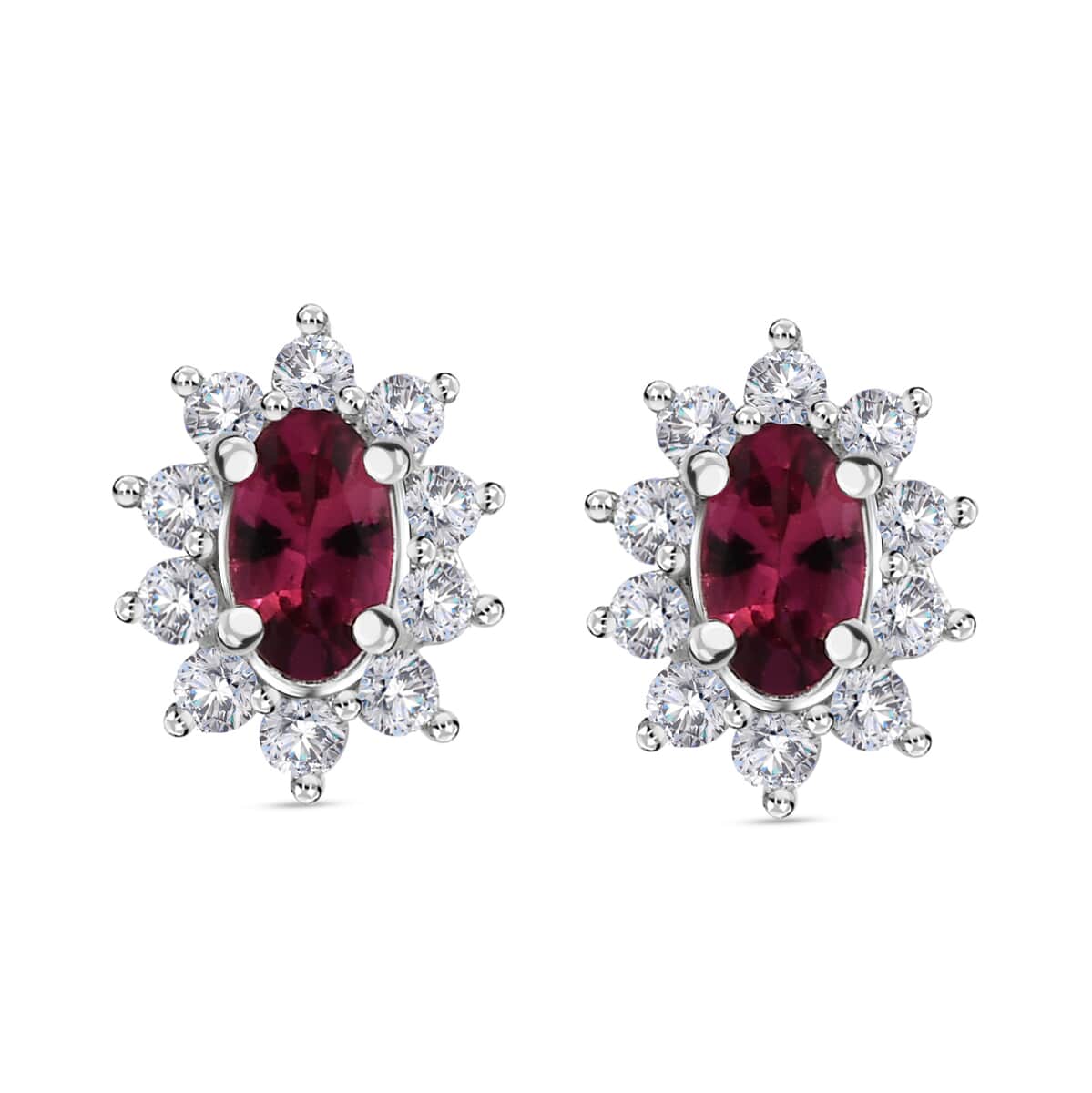 Ouro Fino Rubellite Earrings in Sterling Silver, White Zircon Sunburst Earrings, Rubellite Silver Studs 0.85 ctw image number 0