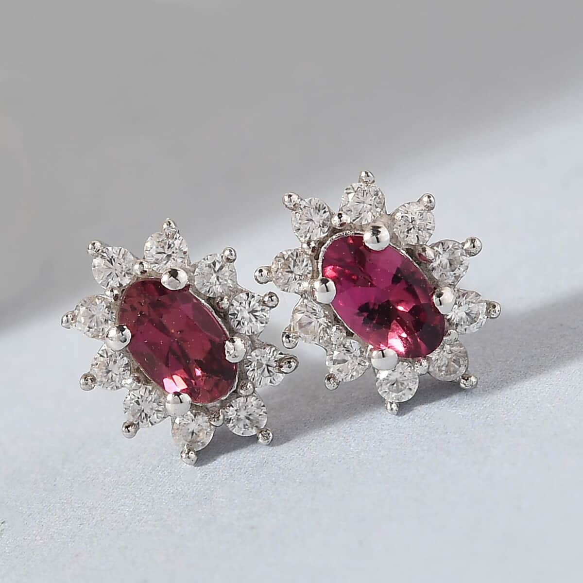 Ouro Fino Rubellite Earrings in Sterling Silver, White Zircon Sunburst Earrings, Rubellite Silver Studs 0.85 ctw image number 1