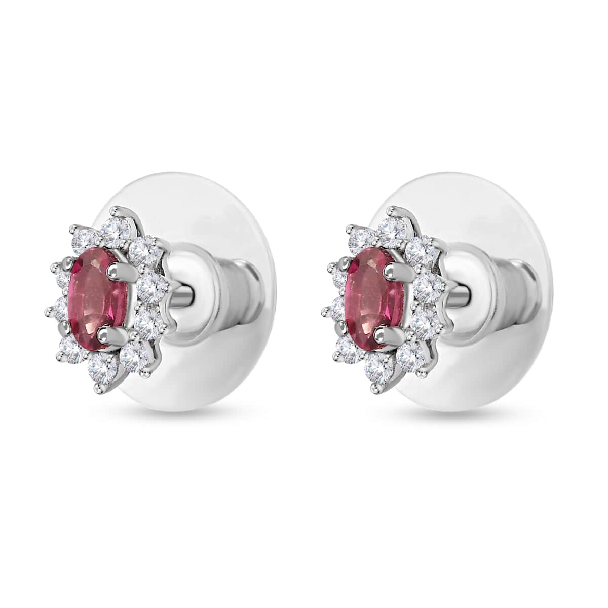 Ouro Fino Rubellite Earrings in Sterling Silver, White Zircon Sunburst Earrings, Rubellite Silver Studs 0.85 ctw image number 3