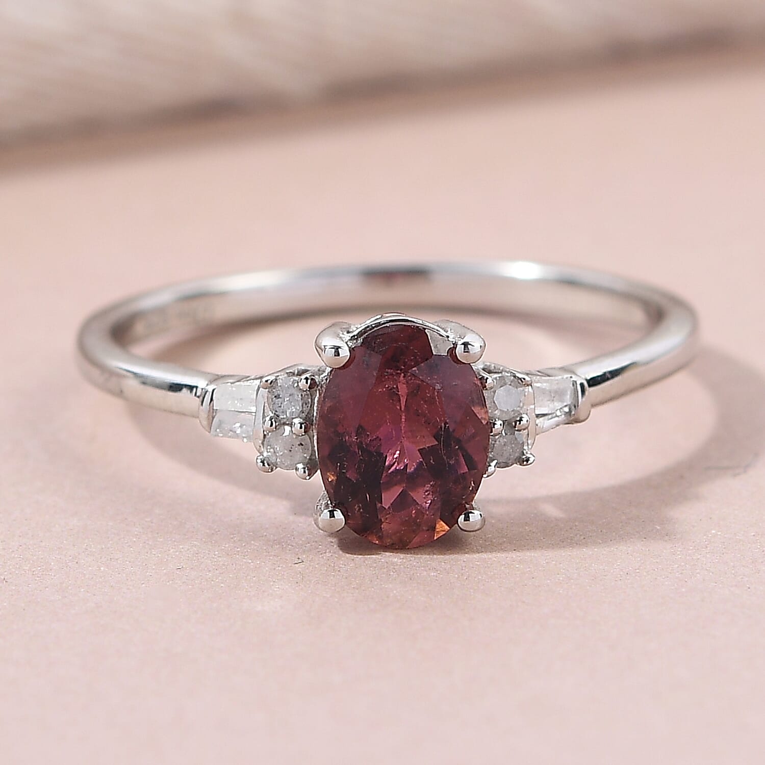 Ouro Fino Rubellite and Diamond 1.35 ctw Ring in Platinum Over Sterling Silver (Size 10.0)