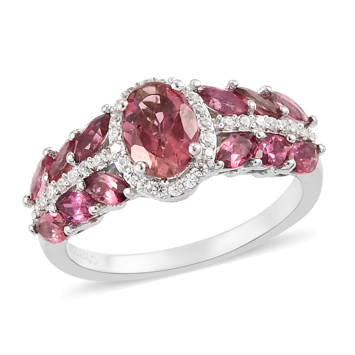 Ouro Fino Rubellite and Natural White Zircon Ring in Platinum Over Sterling Silver (Size 7.0) 2.00 ctw image number 0