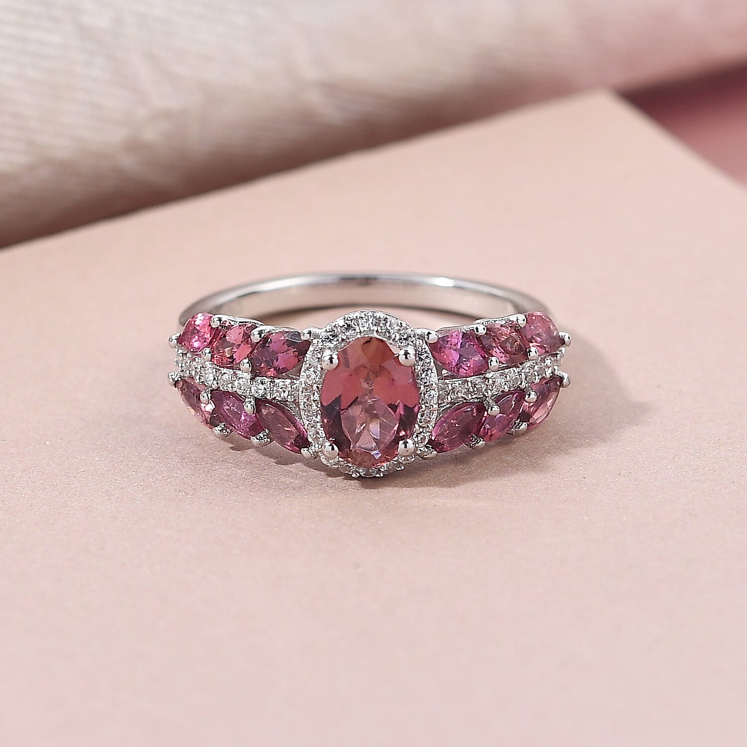 Premium Ouro Fino Rubellite and White Zircon Ring in Platinum Over Sterling Silver (Size 10.0) 2.00 ctw