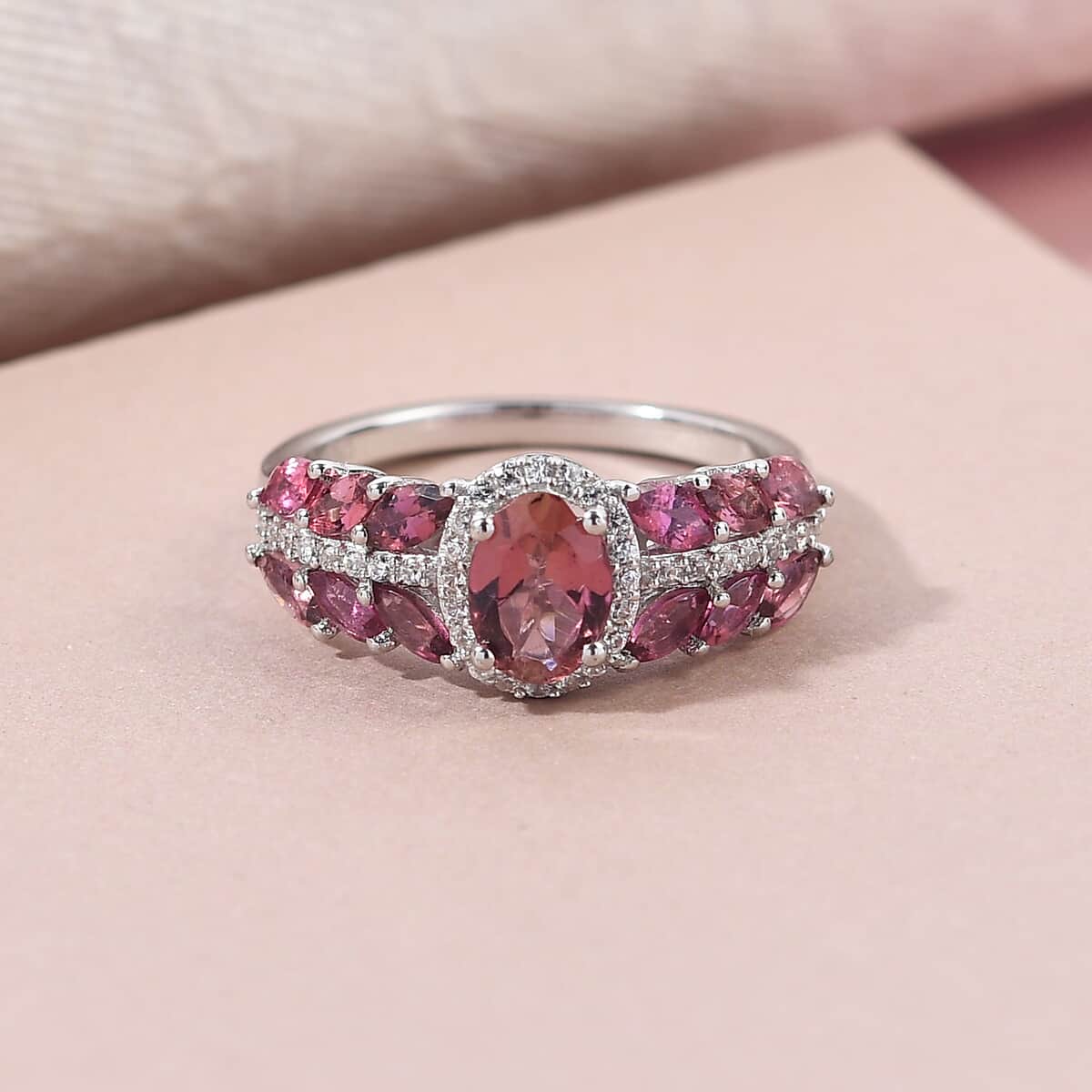 Ouro Fino Rubellite and Natural White Zircon Ring in Platinum Over Sterling Silver (Size 7.0) 2.00 ctw image number 1