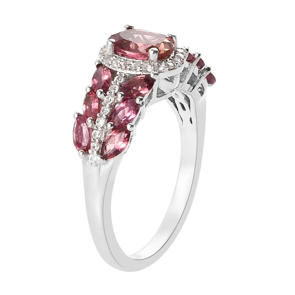 Ouro Fino Rubellite and Natural White Zircon Ring in Platinum Over Sterling Silver (Size 7.0) 2.00 ctw image number 3