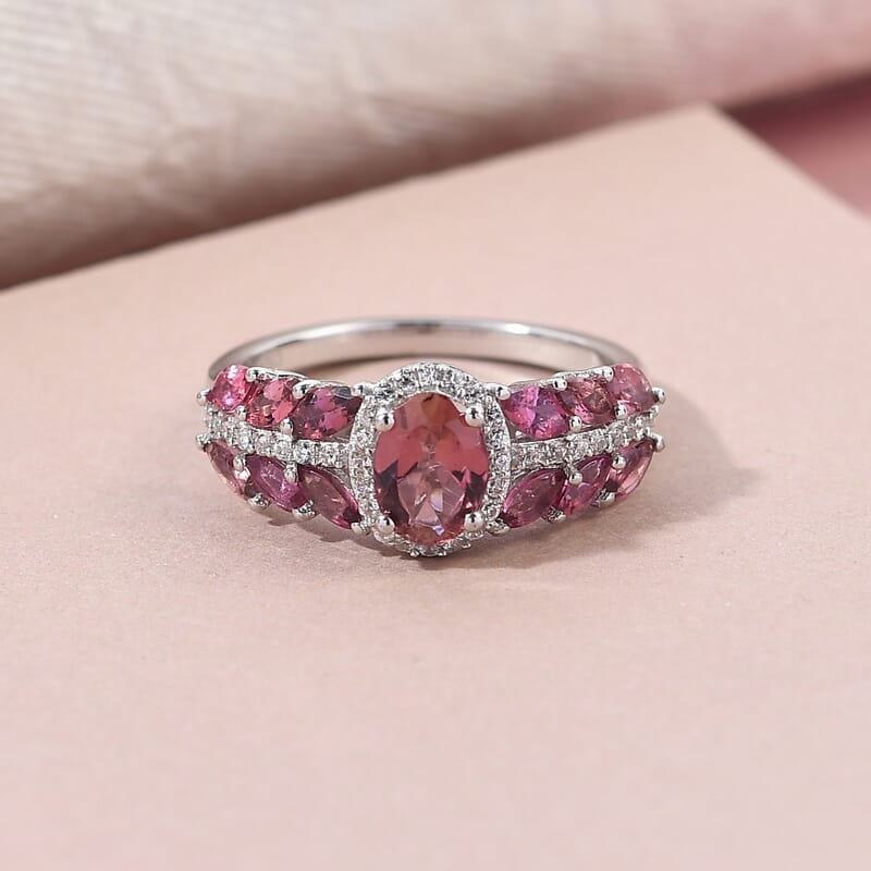 Premium Ouro Fino Rubellite and White Zircon Ring in Platinum Over Sterling Silver (Size 8.0) 2.00 ctw