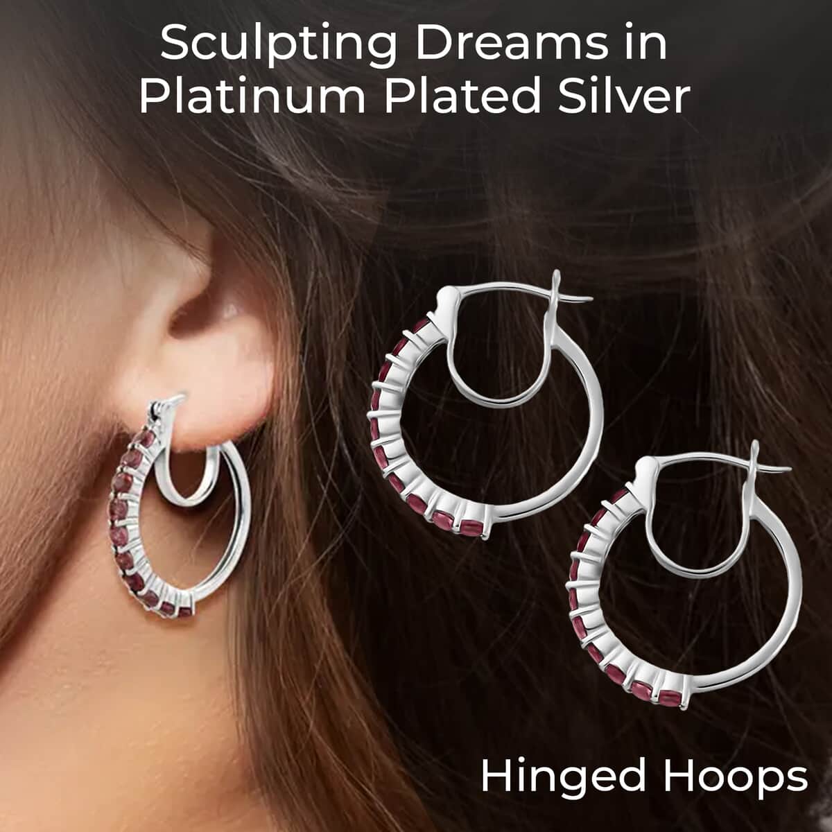 Ouro Fino Rubellite Hoop Earrings, Rubellite Earrings, Rubellite Hoops, Platinum Over Sterling Silver Earrings 1.65 ctw image number 2