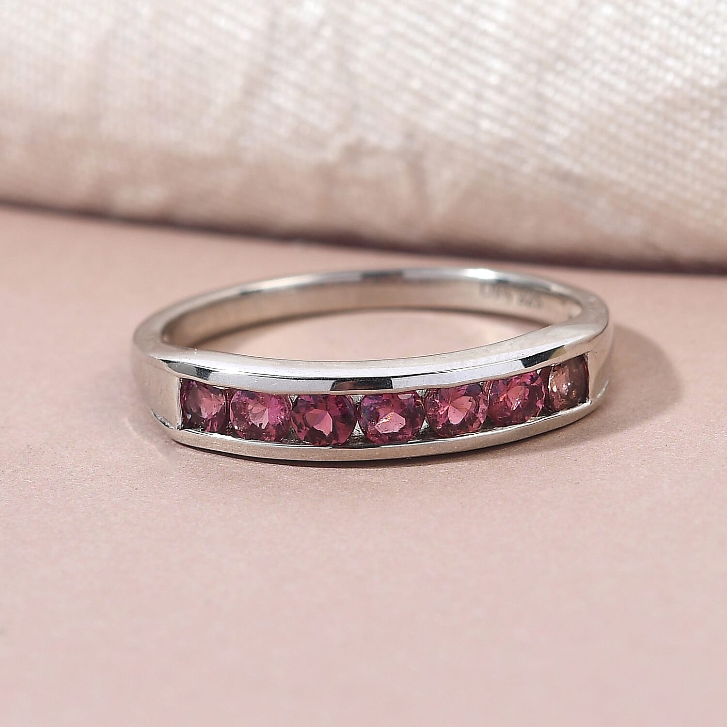 Ouro Fino Rubellite 7 Stone Band Ring in Platinum Over Sterling Silver (Size 10.0) 0.75 ctw