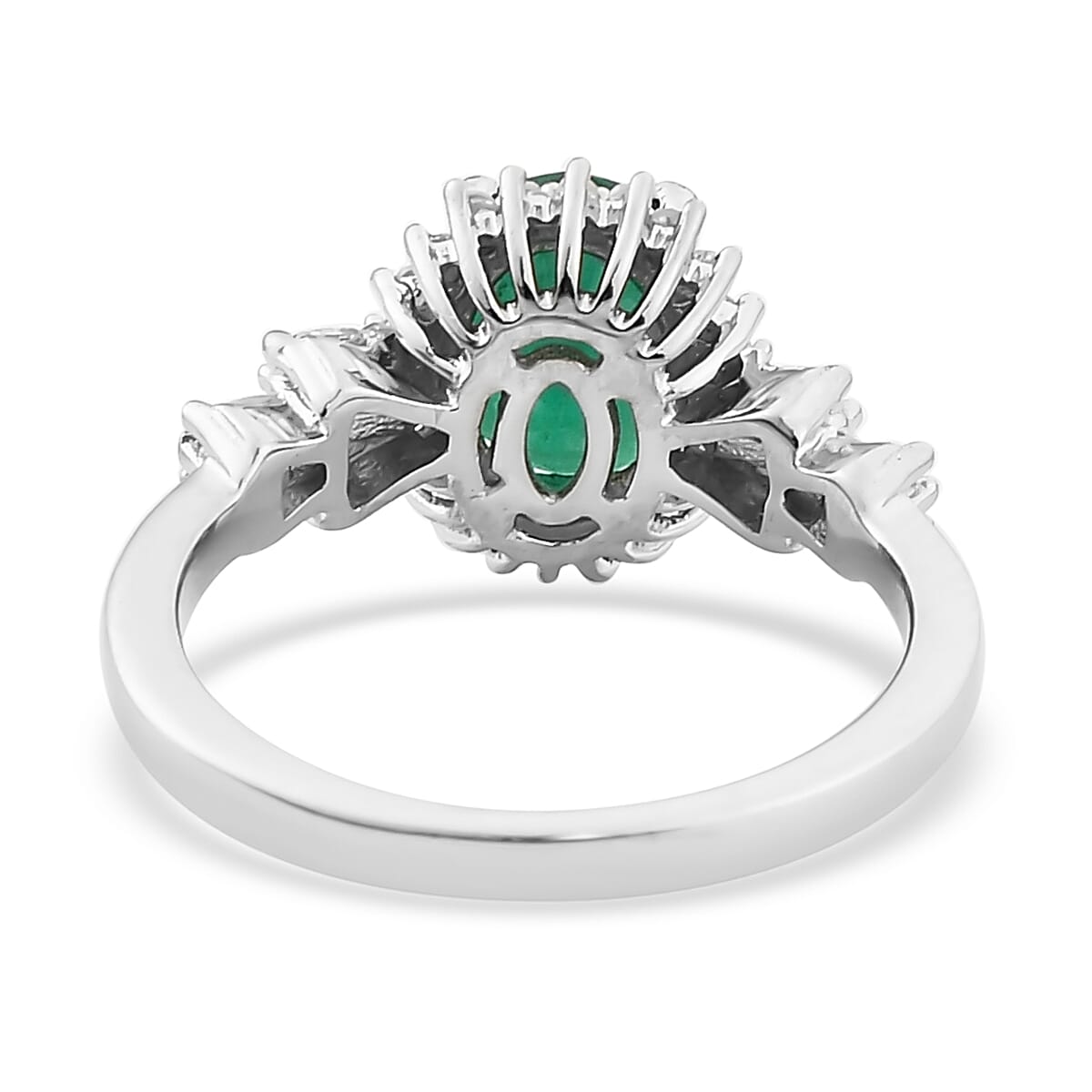 AAA Kagem Zambian Emerald and Diamond Ballerina Halo Ring in Platinum Over Sterling Silver (Size 5.0) 1.35 ctw