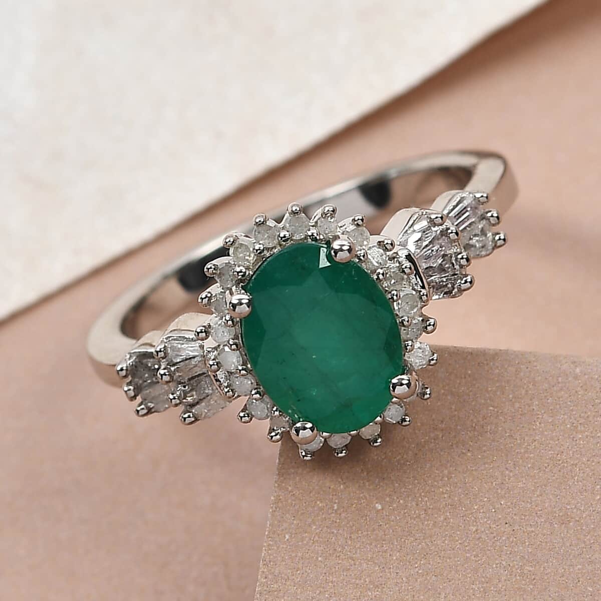 AAA Kagem Zambian Emerald and Diamond Ballerina Halo Ring in Platinum Over Sterling Silver (Size 9.0) 1.35 ctw image number 1