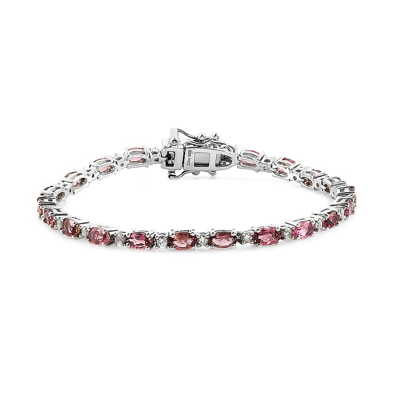 Ouro Fino Rubellite and Natural White Zircon Tennis Bracelet in Platinum Over Sterling Silver (6.50 In) 5.65 ctw