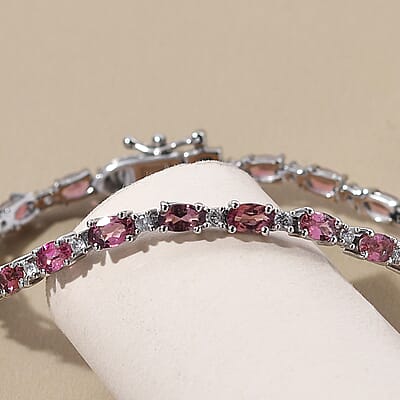 Ouro Fino Rubellite and Natural White Zircon Tennis Bracelet in Platinum Over Sterling Silver (6.50 In) 5.65 ctw