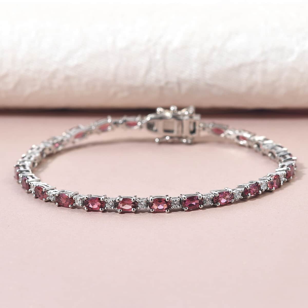 Ouro Fino Rubellite and Natural White Zircon Tennis Bracelet in Platinum Over Sterling Silver (7.25 In) 6.50 ctw image number 1