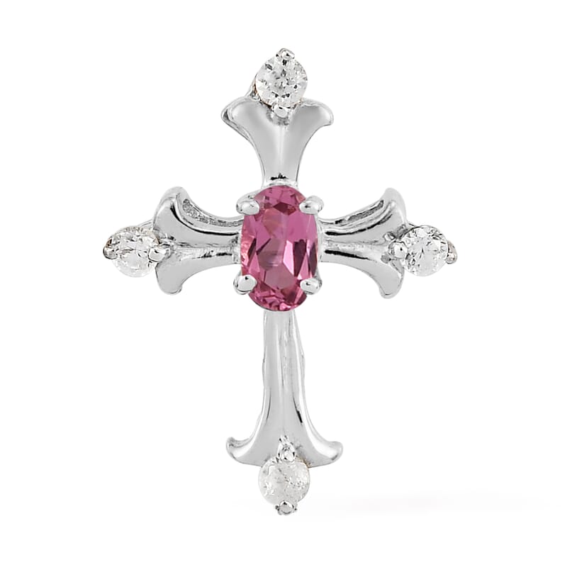 Ouro Fino Rubellite and Natural White Zircon Cross Pendant in Platinum Over Sterling Silver 0.35 ctw