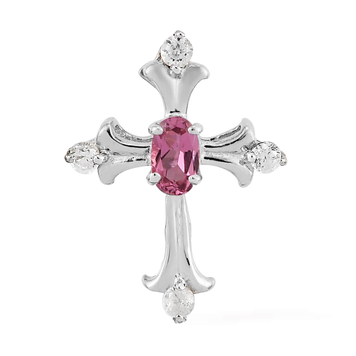 Ouro Fino Rubellite and Natural White Zircon Cross Pendant in Platinum Over Sterling Silver 0.35 ctw image number 0