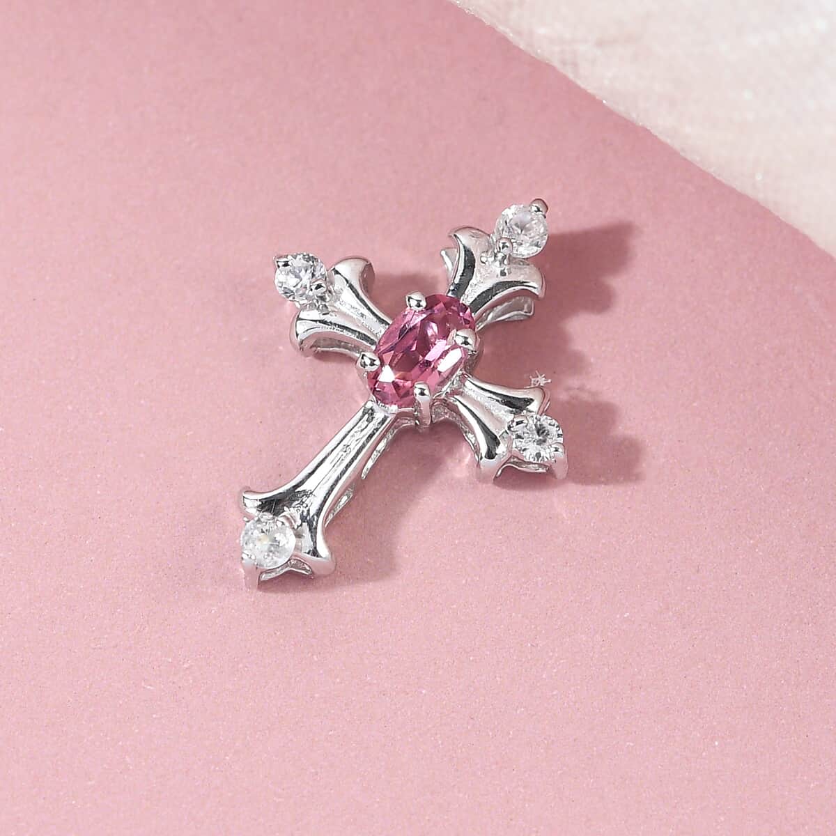 Ouro Fino Rubellite and Natural White Zircon Cross Pendant in Platinum Over Sterling Silver 0.35 ctw image number 1