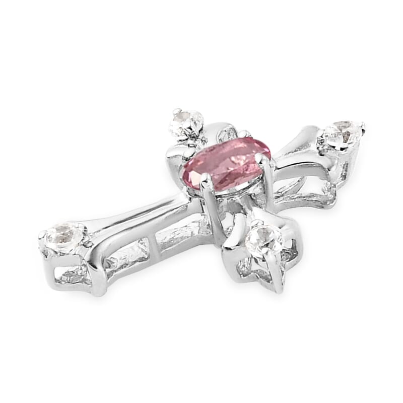 Ouro Fino Rubellite and Natural White Zircon Cross Pendant in Platinum Over Sterling Silver 0.35 ctw
