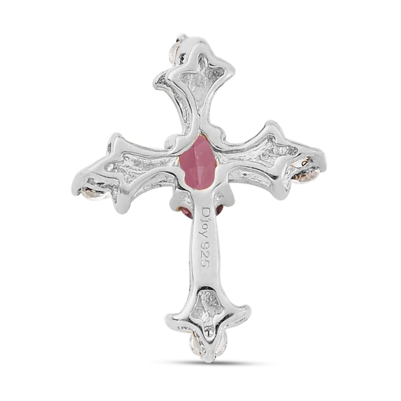 Ouro Fino Rubellite and Natural White Zircon Cross Pendant in Platinum Over Sterling Silver 0.35 ctw