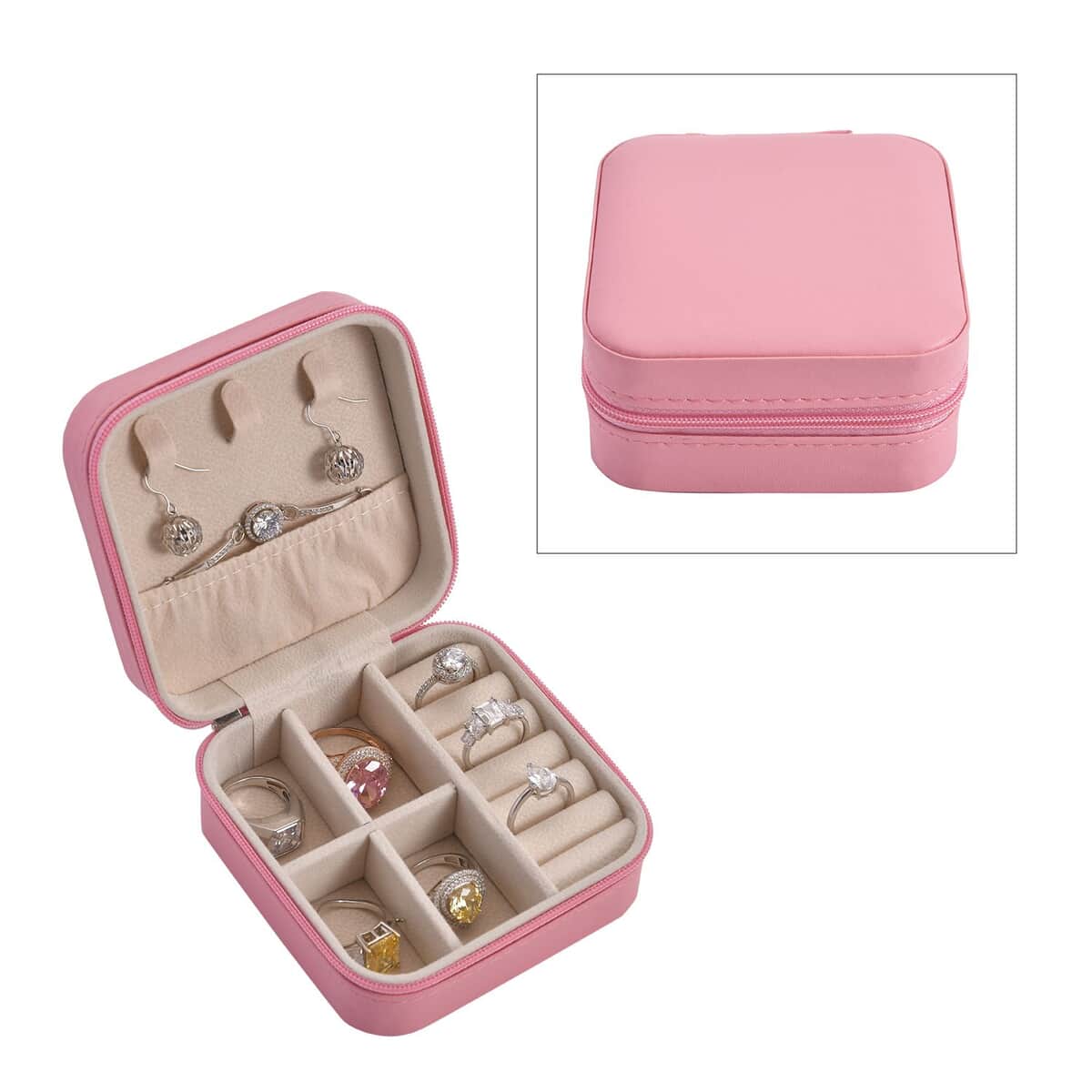 Pink Faux Leather Travel Jewelry Organizer with Zipper (3.94"x3.94"x1.97") image number 0