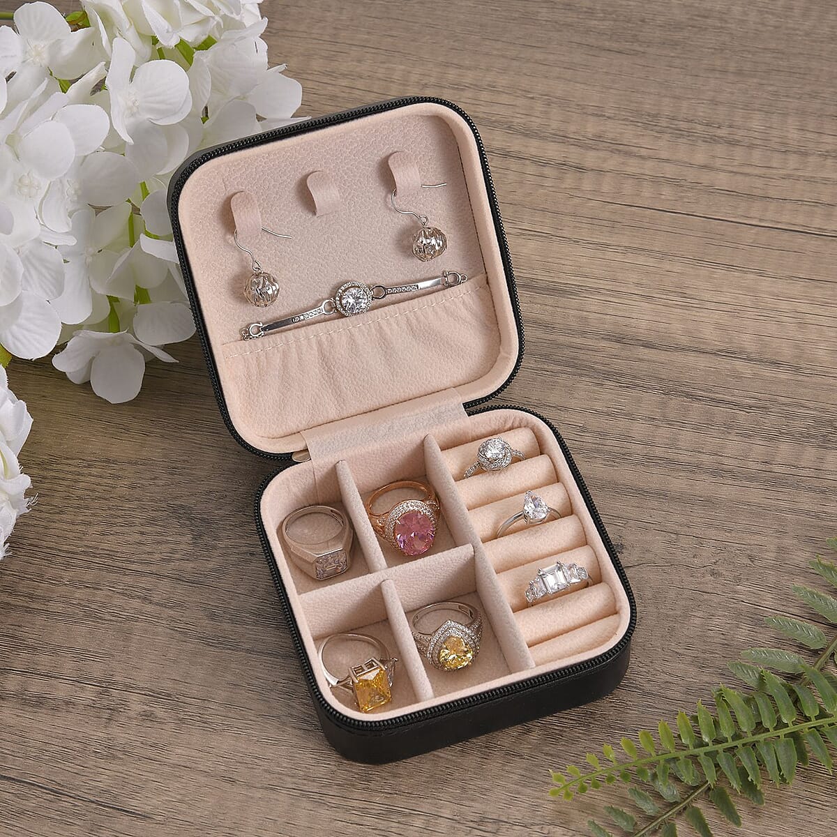 Black Faux Leather Small, portable, Travel Jewelry Organizer Storage Box With Zipper For Stud Earrings, Rings, Necklaces, Bracelets image number 1