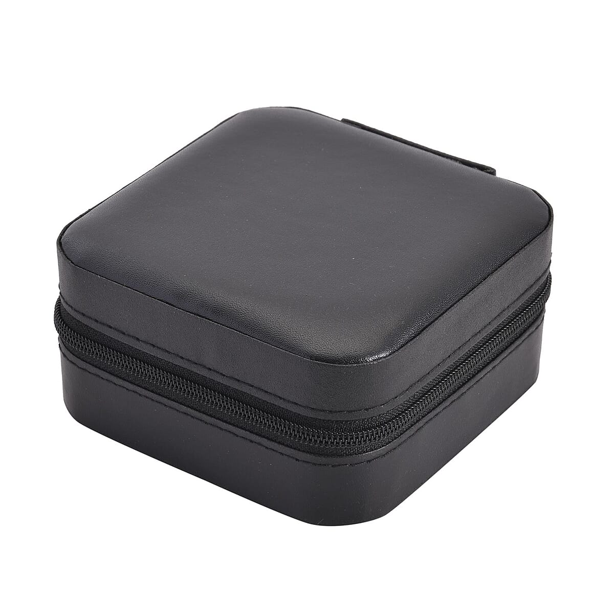 Black Faux Leather Small, portable, Travel Jewelry Organizer Storage Box With Zipper For Stud Earrings, Rings, Necklaces, Bracelets image number 3