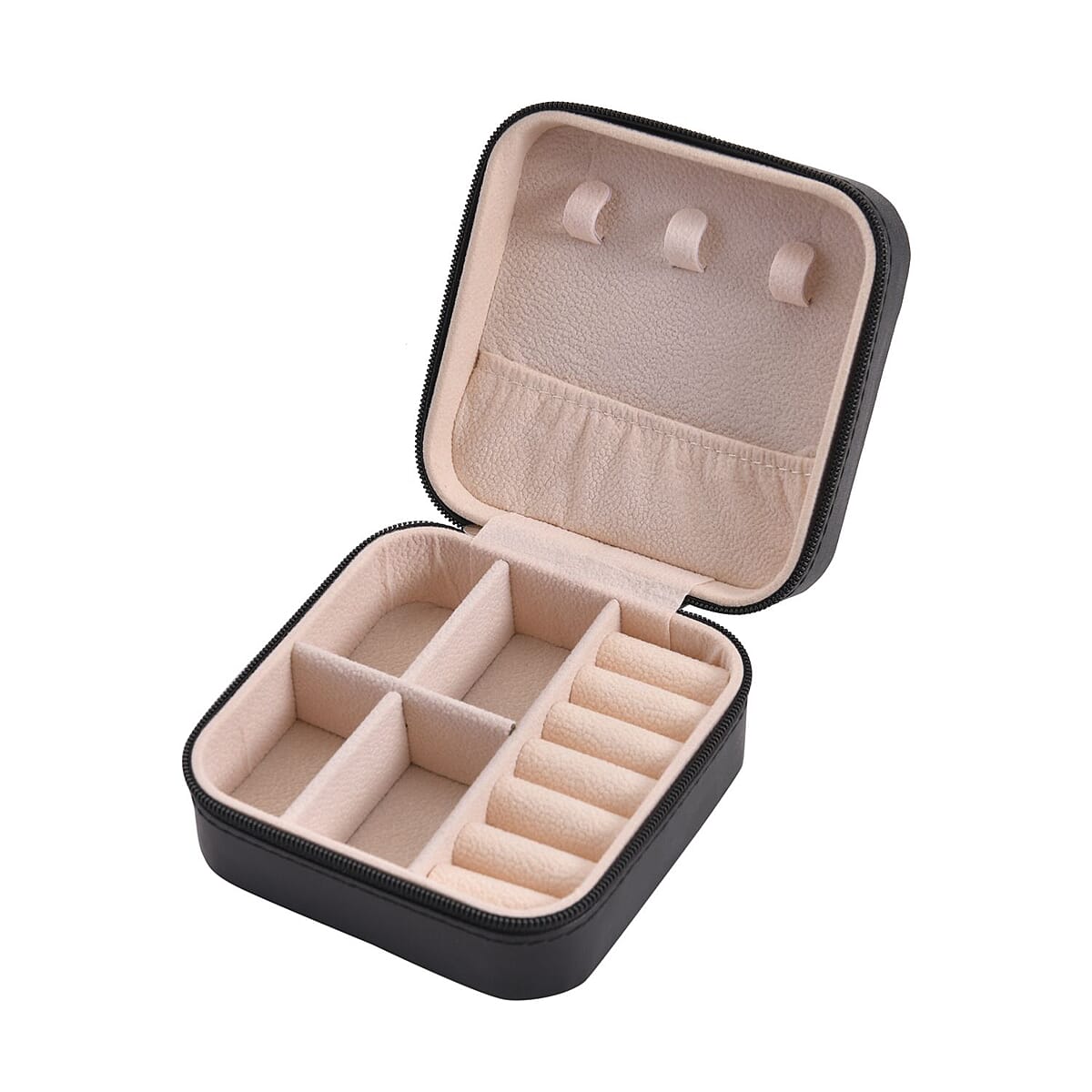 Black Faux Leather Small, portable, Travel Jewelry Organizer Storage Box With Zipper For Stud Earrings, Rings, Necklaces, Bracelets image number 5