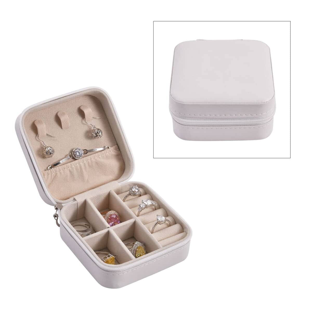White Faux Leather Small, portable, Travel Jewelry Organizer Storage Box With Zipper For Stud Earrings, Rings, Necklaces, Bracelets image number 0