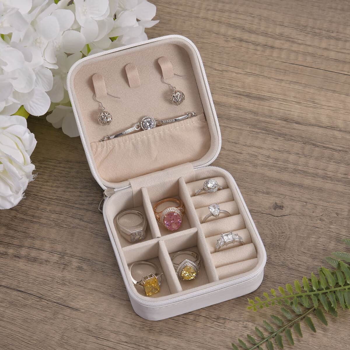 White Faux Leather Small, portable, Travel Jewelry Organizer Storage Box With Zipper For Stud Earrings, Rings, Necklaces, Bracelets image number 1
