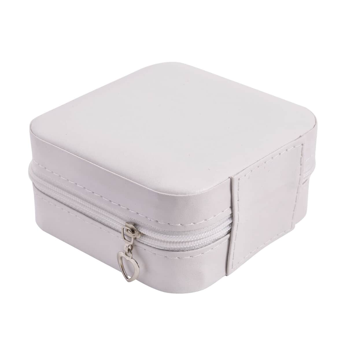 White Faux Leather Small, portable, Travel Jewelry Organizer Storage Box With Zipper For Stud Earrings, Rings, Necklaces, Bracelets image number 4