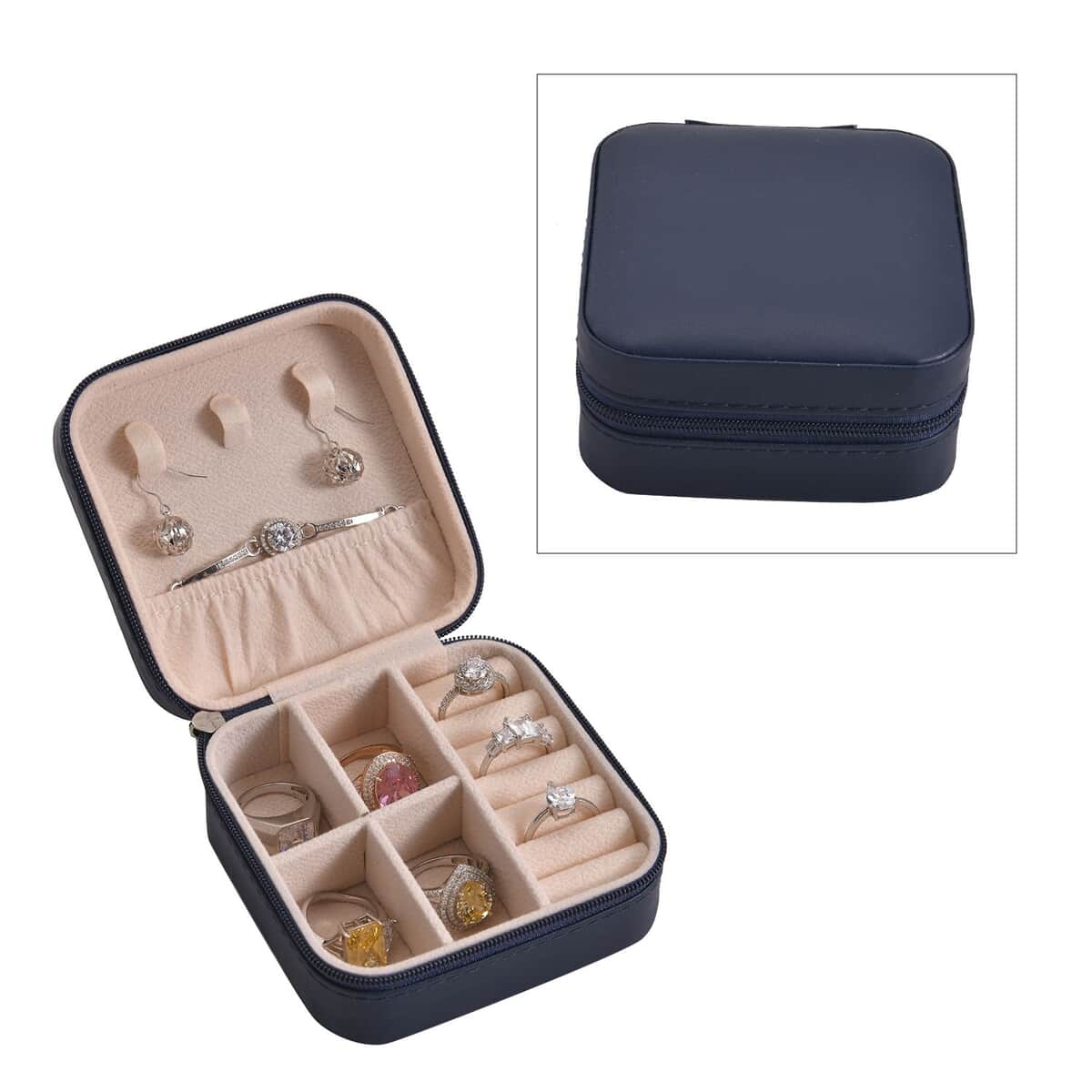 Navy Faux Leather Small, portable, Travel Jewelry Organizer Storage Box With Zipper For Stud Earrings, Rings, Necklaces, Bracelets image number 0