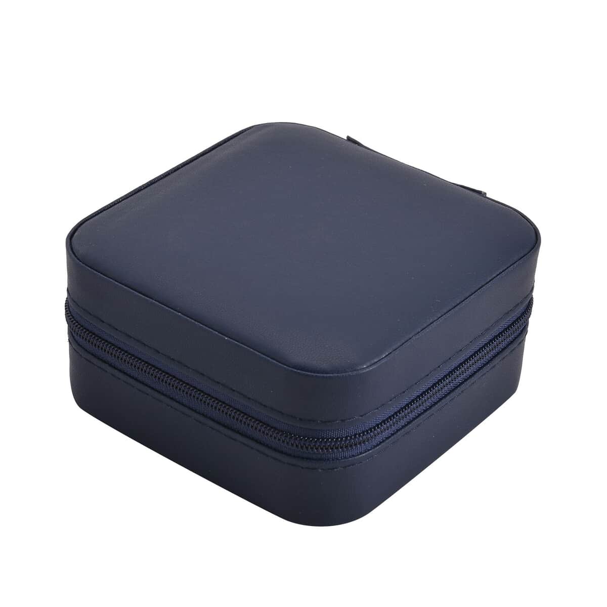 Navy Faux Leather Small, portable, Travel Jewelry Organizer Storage Box With Zipper For Stud Earrings, Rings, Necklaces, Bracelets image number 3