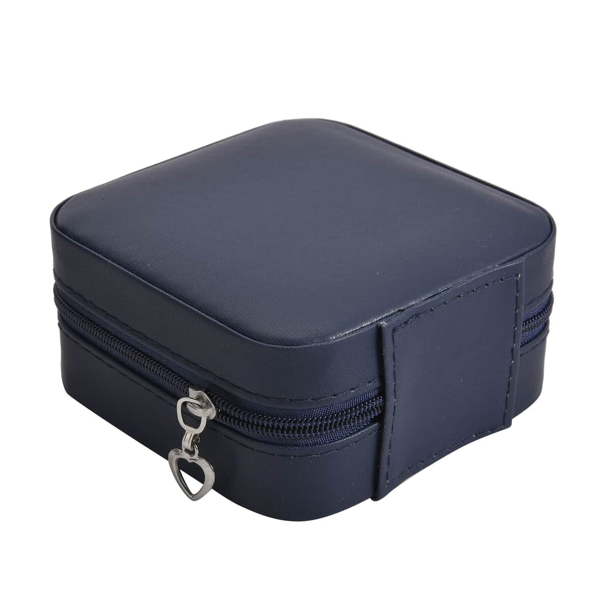 Navy Faux Leather Small, portable, Travel Jewelry Organizer Storage Box With Zipper For Stud Earrings, Rings, Necklaces, Bracelets image number 4
