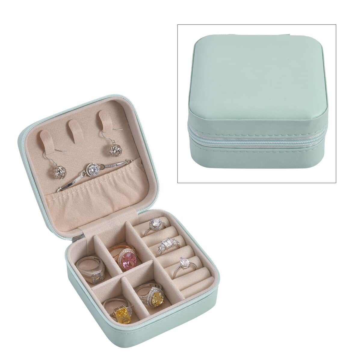 Green Faux Leather Small, portable, Travel Jewelry Organizer Storage Box With Zipper For Stud Earrings, Rings, Necklaces, Bracelets image number 0