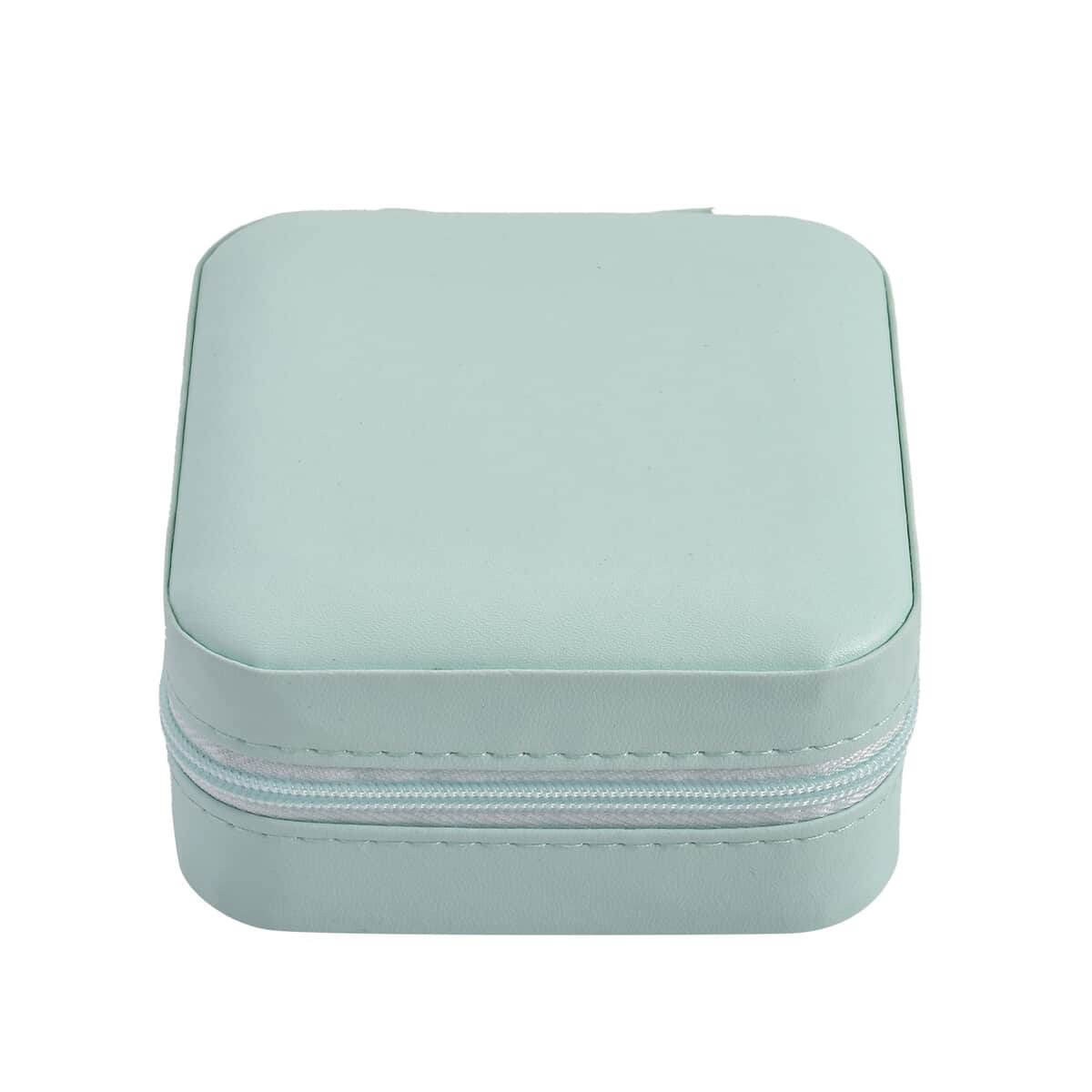 Green Faux Leather Small, portable, Travel Jewelry Organizer Storage Box With Zipper For Stud Earrings, Rings, Necklaces, Bracelets image number 2